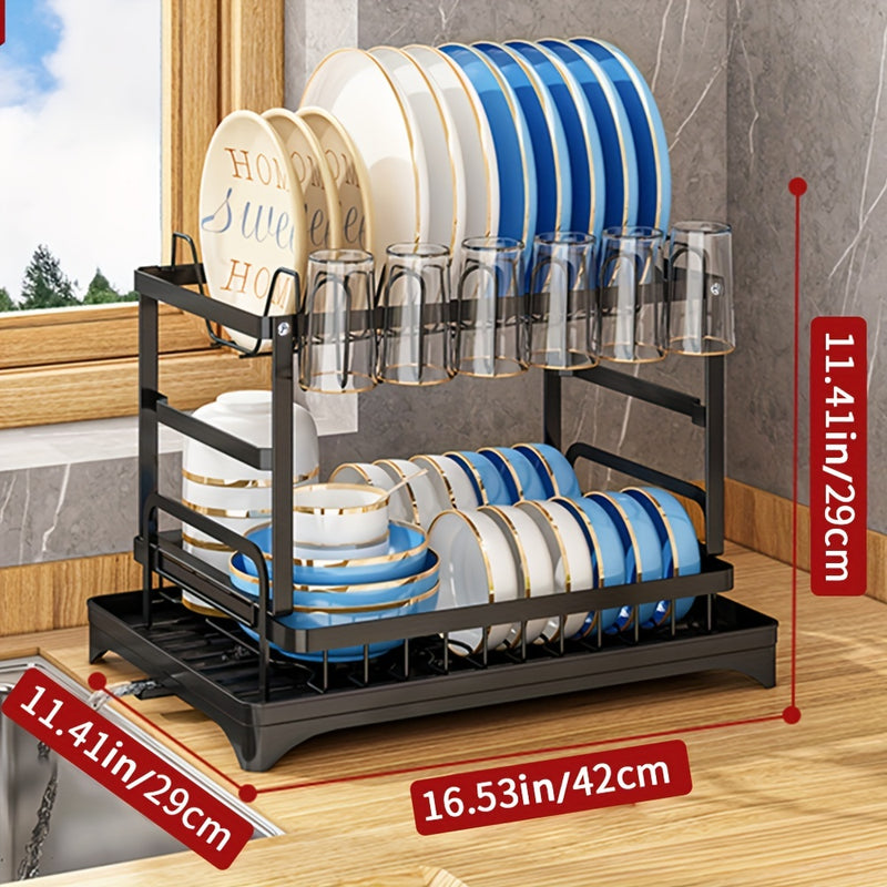 1 pieza, escurridor de platos de 2 niveles con gran capacidad y escurridero, organizador doble para tazones y tazas, desmontable para colgar sobre el fregadero, ideal para almacenar platos, tazones, tazas y cubiertos, color negro y blanco