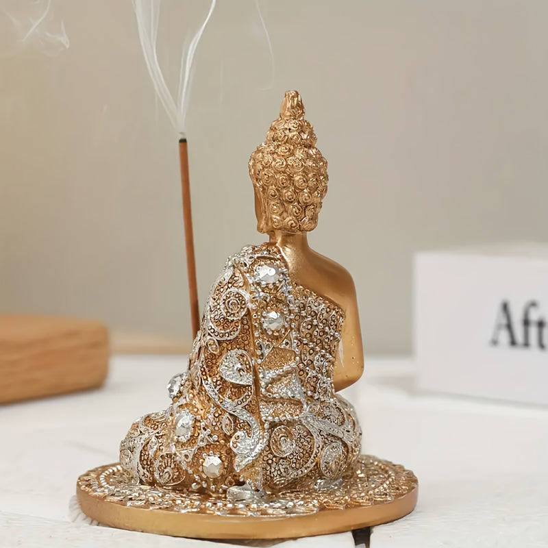 1pc Quemador de incienso de Buda dorado elegante, arte de resina con acentos de cristal, decoración zen para meditación, yoga, sala de té - Porta incienso sin humo para días festivos conmemorativos