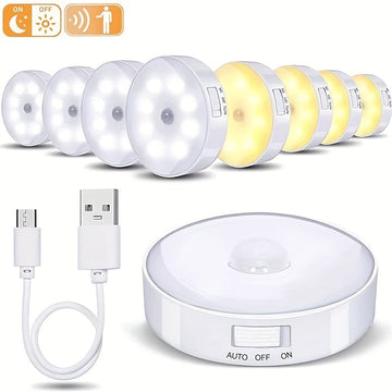 Luz nocturna LED recargable por USB con sensor de movimiento y tecnología PIR, 8 luces, tira magnética adhesiva para clósets, gabinetes, escaleras, habitaciones y más, eficiente en energía, portátil y fácil de instalar, tira de luces LED recargable por U