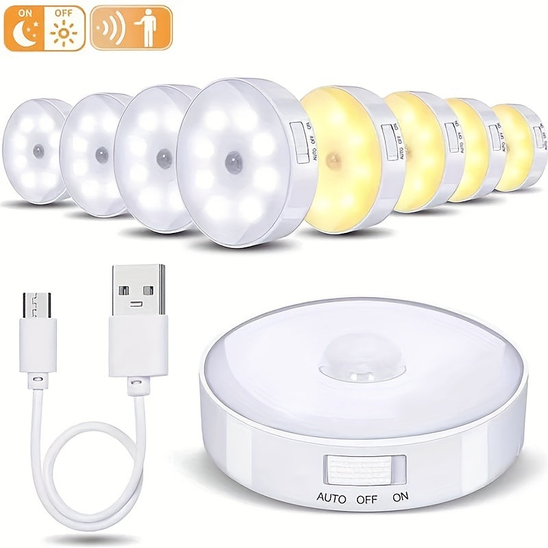 Luz nocturna LED recargable por USB con sensor de movimiento y tecnología PIR, 8 luces, tira magnética adhesiva para clósets, gabinetes, escaleras, habitaciones y más, eficiente en energía, portátil y fácil de instalar, tira de luces LED recargable por U