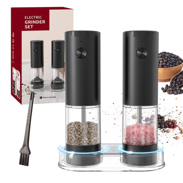 Juego de 2 Piezas, Molinillo Eléctrico de Pimienta con Almacenamiento Inferior, Sal y Pimienta Automático, Molinillo de Especias de Acero Inoxidable, Cuerpo Transparente, Funciona con Batería, Esencial para la Cocina, Regalo Ideal para Fiestas