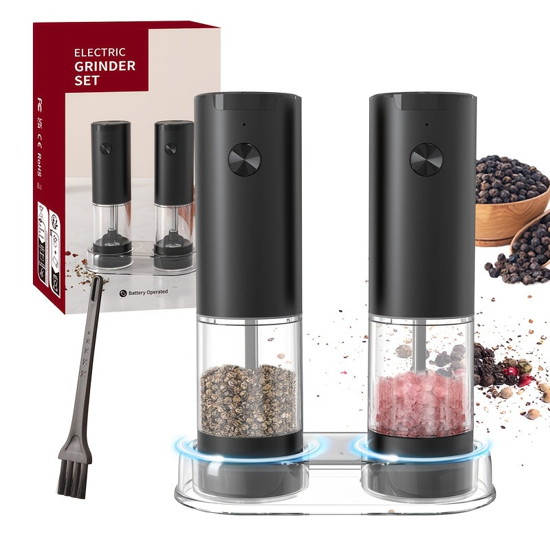 Juego de 2 Piezas, Molinillo Eléctrico de Pimienta con Almacenamiento Inferior, Sal y Pimienta Automático, Molinillo de Especias de Acero Inoxidable, Cuerpo Transparente, Funciona con Batería, Esencial para la Cocina, Regalo Ideal para Fiestas