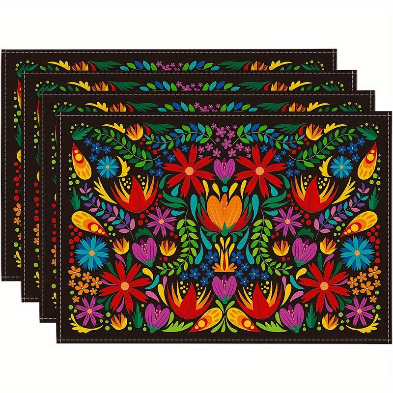 Conjunto de 4 manteles individuales de poliéster - 12x18 tapetes rectangulares tejidos para mesa de comedor, lavado a mano, decoración floral para fiestas mexicanas Cinco de Mayo y Día de Muertos