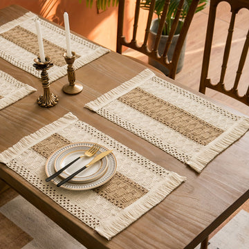 4/6piezas Manteles de arpillera bohemios, manteles de mesa de lino tejido a mano de estilo chic, manteles rectangulares de rayas con sensación de lujo ligero, adecuados para mesas de café, decoración del hogar y decoración de entretenimiento festivo - Du