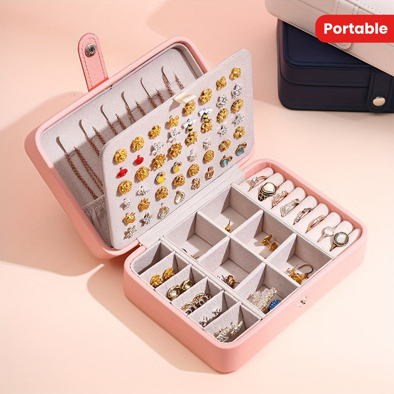 Exquisita Caja de Joyería de Cuero Sintético de Doble Capa - Amplio Almacenamiento Portátil para Aretes, Anillos, Collares, Pulseras y Accesorios - Regalo Ideal para Mujeres, Viajes y Organización del Hogar