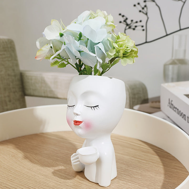 Jarrón Clásico de Resina con Chica de Café, Patrón de Camuflaje, Adorno Decorativo de Mesa con Temática Global, Accesorios para Bar de Café