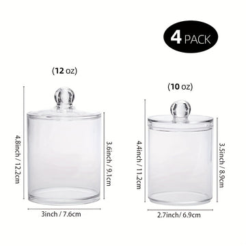 1 Paquete De 4 Piezas, Organizadores De Baño Y Contenedores De Almacenamiento, Frascos De Boticario De Plástico Transparente Con Tapas Para Bola De Algodón, Hisopo De Algodón, Almohadillas Redondas De Algodón, Hilo Dental, De 12 oz, 10 oz