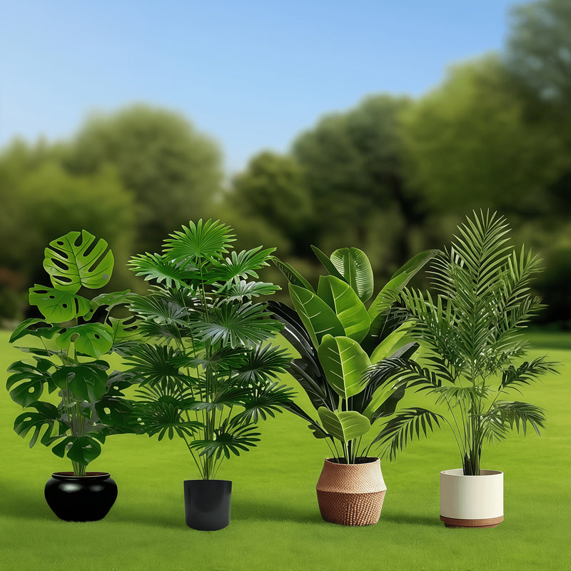 Juego de 4 plantas artificiales tropicales: árbol de plátano, dracena, palma abanico y poinsettia. Follaje perenne que crea un ambiente exuberante tropical, ideal para hogar, oficina, jardín o bodas, añadiendo encanto vibrante a cualquier ocasión festiva