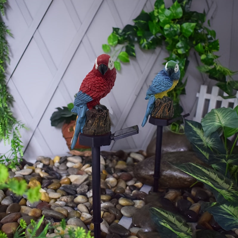 Estatuilla de Loro Solar en Resina con Luz LED para Exteriores - Adorno de Jardín y Paisaje con Estaca para Suelo