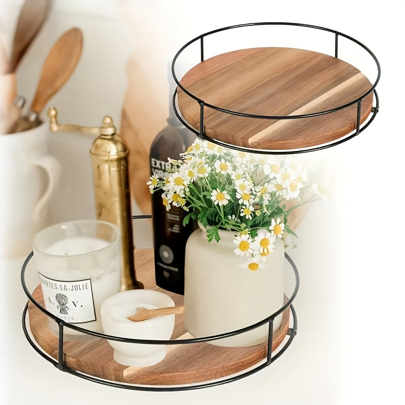 Elegante bandeja de cocina de madera de 3 niveles con base giratoria de metal - Ideal para especias, condimentos y decoración | Madera compuesta duradera, perfecta para uso doméstico | Esenciales de cocina elegantes, vajilla decorativa