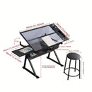 Mesa de dibujo de vidrio negro con cajón lateral y banqueta acolchada en cuero sintético - Sin necesidad de energía eléctrica, diseño sin madera para oficina en casa
