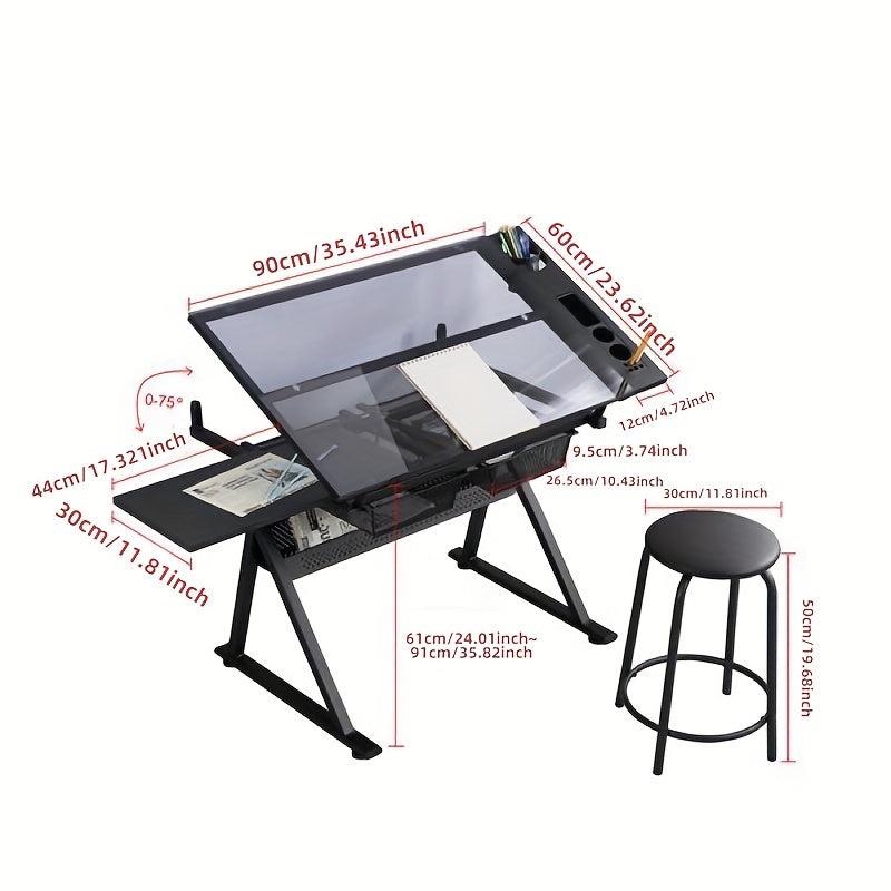 Mesa de dibujo de vidrio negro con cajón lateral y banqueta acolchada en cuero sintético - Sin necesidad de energía eléctrica, diseño sin madera para oficina en casa