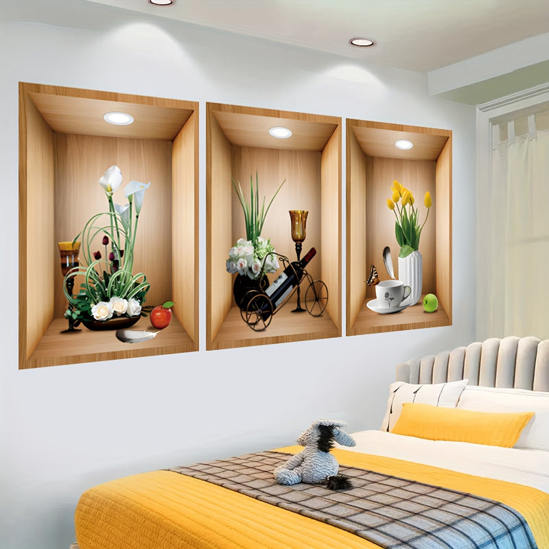 Adhesivo de Pared con Marco de Fotos de Flores y Plantas Verdes en 3D para Sala de Estar, Dormitorio, Estudio, Fondo de Pared del Hogar, Decoración de Entrada, Calcomanía de Pared Autoadhesiva de PVC
