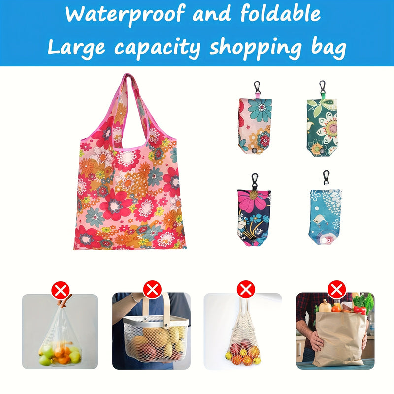 Juego de 4 Bolsas de Compras de Poliéster Premium con Asas, Bolsas Portátiles Plegables para Almacenamiento, Ligueras y Duraderas Lavables en Máquina para Esenciales Diarios