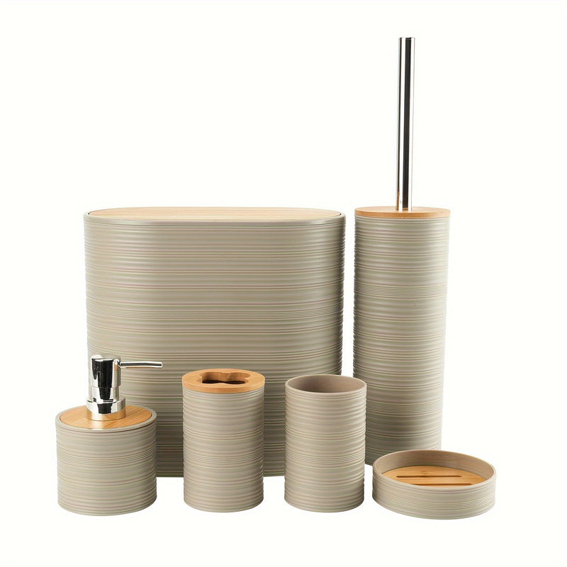 Juego de baño de 6 piezas con tapas de bambú, portacepillo de plástico, dispensador de jabón, vaso para cepillo de dientes, vaso enjuagador, jabonera, bote de basura, decoración para baño, reutilizable, de plástico y para piso