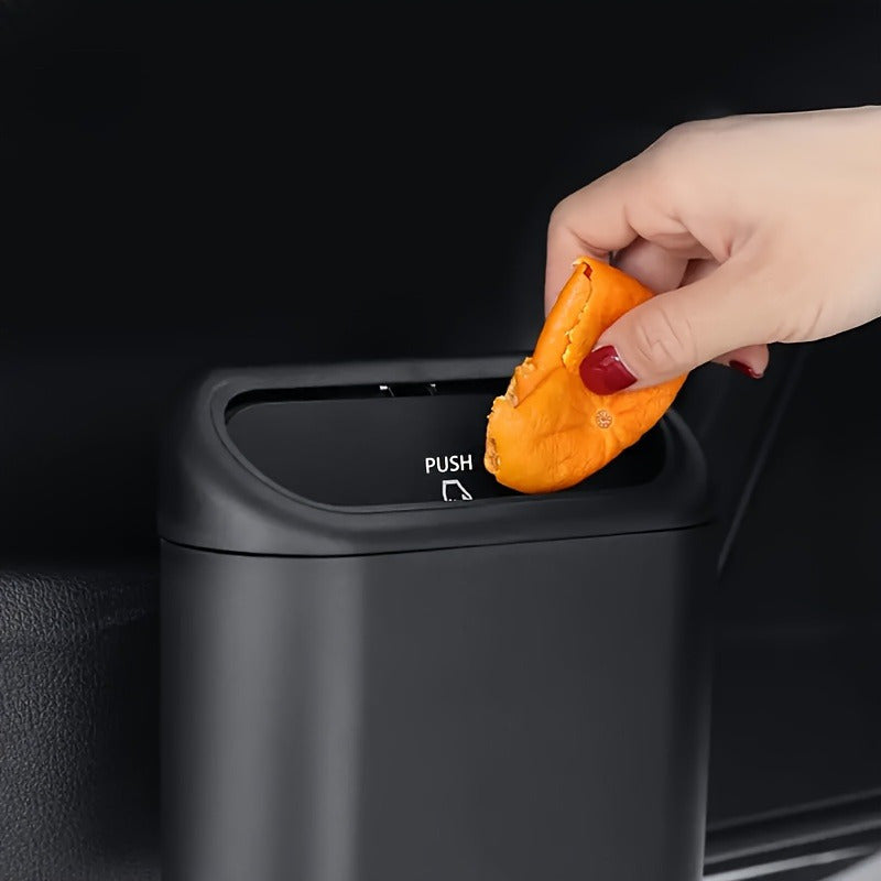 Bote de basura para auto, 1 unidad, material PP resistente, negro, con tapa a prueba de fugas, diseño fácil de colgar, organizador multifuncional para interiores de auto, solución de almacenamiento, accesorio moderno para auto, cierre seguro de tapa
