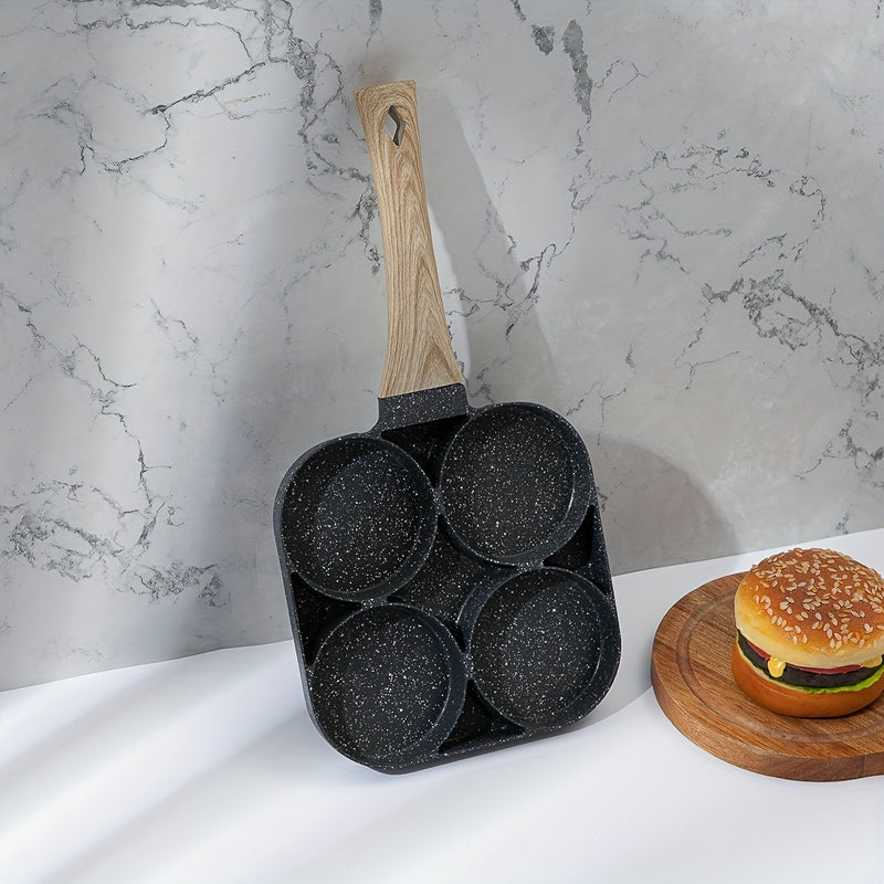 1 pieza Sartén de Huevo Antiadherente con Piedra Mica y Mango de Madera, Aleación de Aluminio para Desayuno, Tortitas y Hamburguesas, Preparación Rápida de Comidas Matinales | Diseño de Cuádruple Quemador | Superficie Antiadherente
