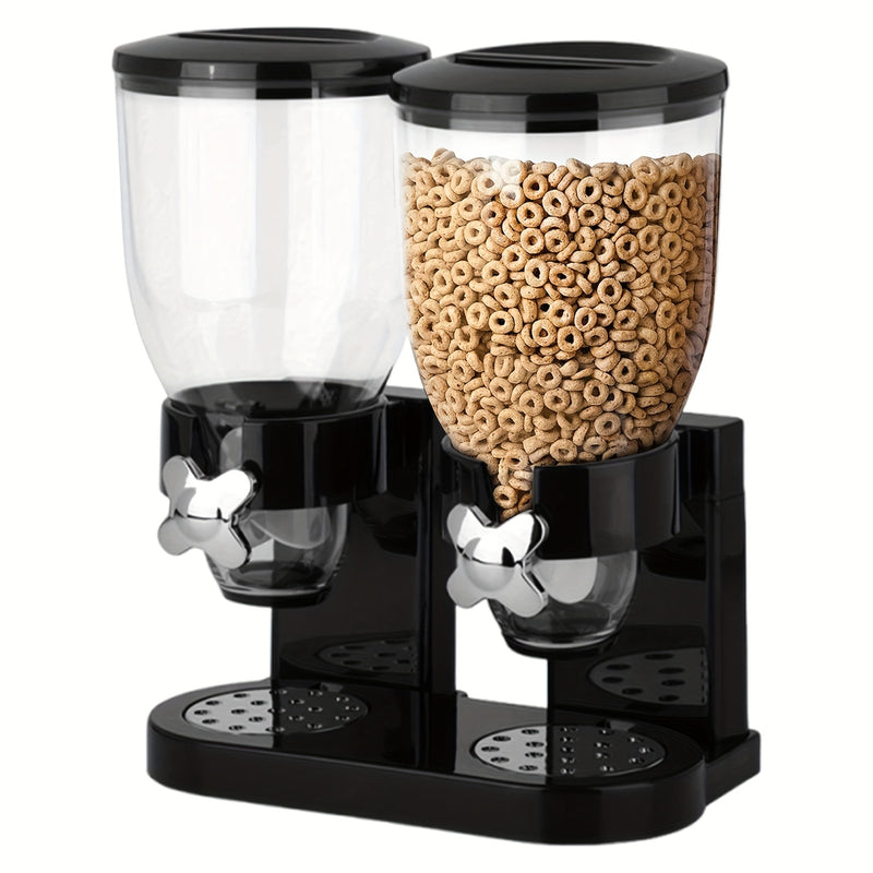 Dispensador de granos de 2 litros con dos tazas, contenedor de almacenamiento de alimentos secos con soporte de dos cabezas para caramelos, nueces, arroz, avena, granos, etc., material PET, forma redonda, tapa giratoria, solo lavado a mano, uso múltiple