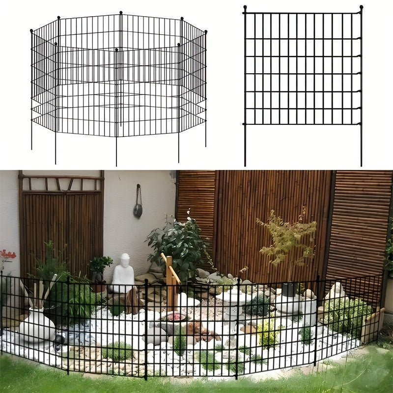 Cerca de jardín negra sin excavación, 5/10/15 paneles, 78.74 cm de alto, alambre metálico resistente al óxido con barrera para animales, ideal para perros y conejos, decoración exterior, cerca temporal para perros, estacas incluidas