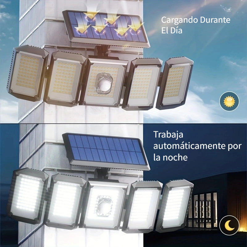 Luces Solares de Pared con 5 Cabezales, Luz Solar Exterior, Luces LED para Jardín y Patio con Sensor de Movimiento y Ángulo Amplio - Iluminación para Calles y Exteriores