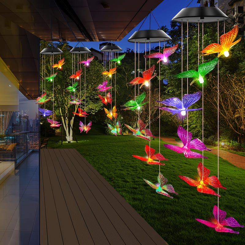 Campana de Viento con Luz de Mariposa a Energía Solar - Morado y Amarillo, No Necesita Cableado, Perfecta para Jardín, Patio y Decoración de Balcón, LED, Luz Nocturna
