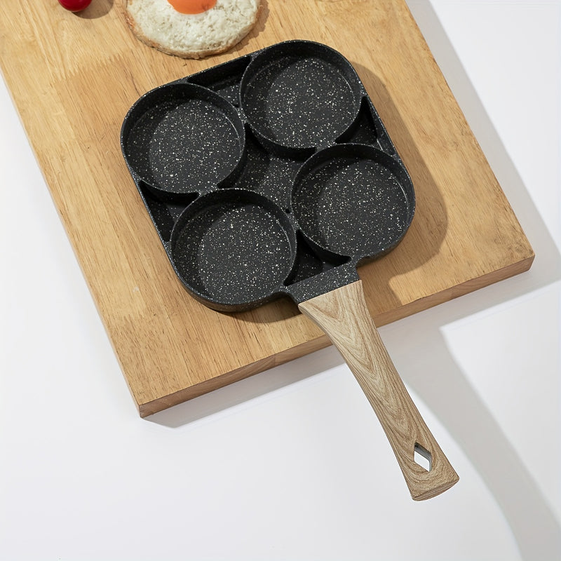 1 pieza Sartén de Huevo Antiadherente con Piedra Mica y Mango de Madera, Aleación de Aluminio para Desayuno, Tortitas y Hamburguesas, Preparación Rápida de Comidas Matinales | Diseño de Cuádruple Quemador | Superficie Antiadherente