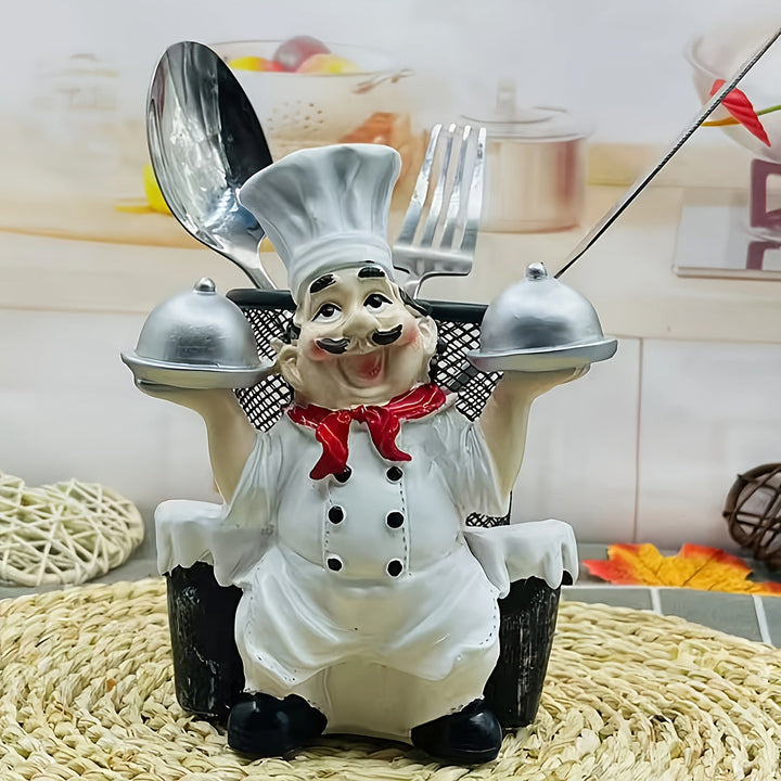 Organizador de cubiertos de acero inoxidable con forma de chef, soporte metálico pulido con doble almacenamiento para platos, decoración de cocina y comedor, 1 unidad