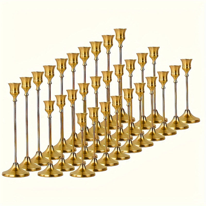 Un juego de 30 portavelas dorados de latón, candelabros al por mayor, decoración vintage para velas, soportes metálicos adecuados para la decoración del hogar, centro de mesa festivo y chimenea, Ideal para Navidad, Perfecto para Acción de Gracias