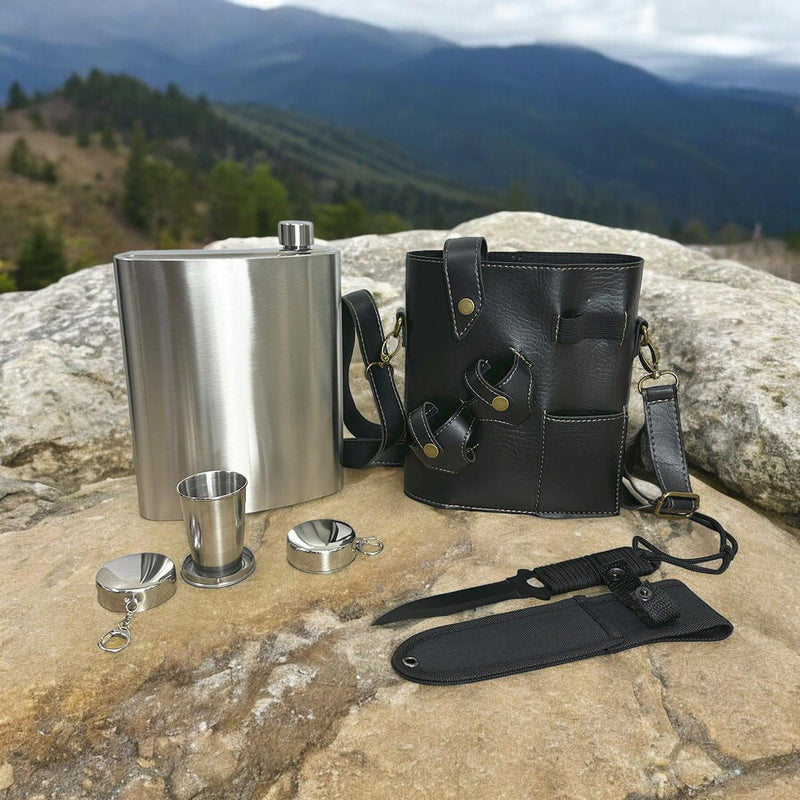 Whiskera 48 OZ Copas y Cuchillo Táctico Con Estuche De Cuero MR-21