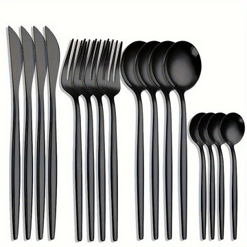 Juego de Cubiertos Elegantes de Acero Inoxidable Negro de 16 Piezas - Incluye Cuchillos para Bistec, Tenedores de Cena, Cucharas para Sopa y Postre - Diseño Elegante para Uso Doméstico y en Restaurantes