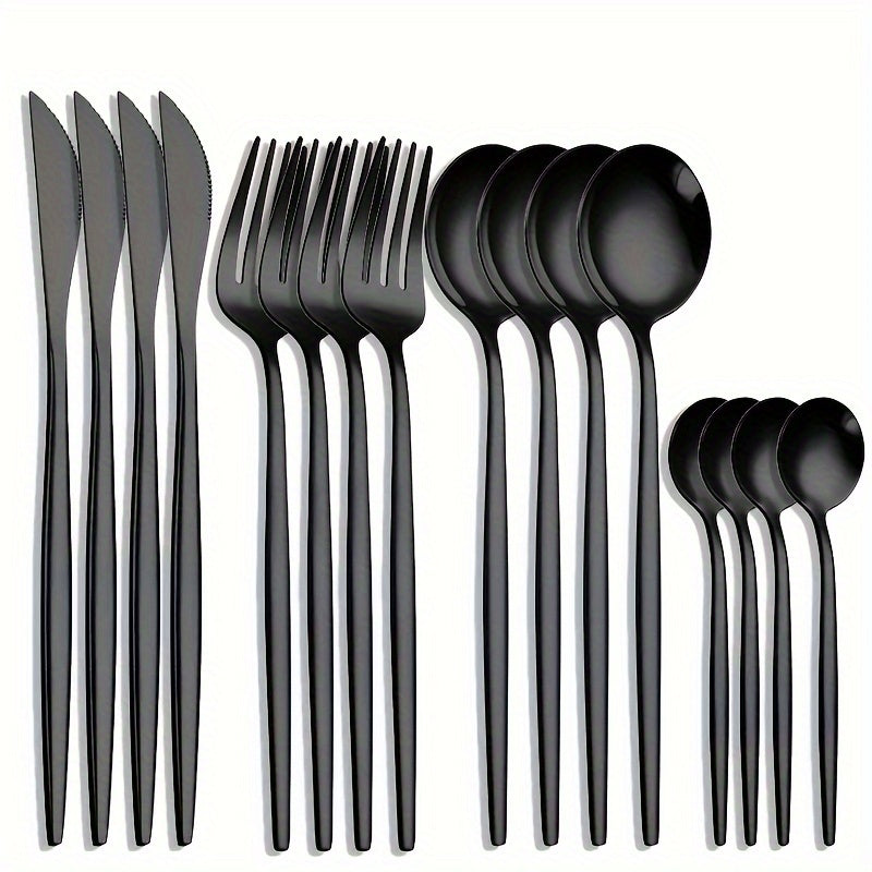 Juego de Cubiertos Elegantes de Acero Inoxidable Negro de 16 Piezas - Incluye Cuchillos para Bistec, Tenedores de Cena, Cucharas para Sopa y Postre - Diseño Elegante para Uso Doméstico y en Restaurantes