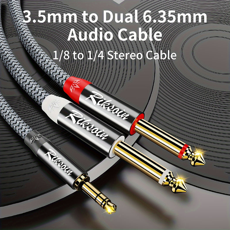 Cable de Audio Estéreo Premium Chapado en Oro de 3.5mm a Doble 6.5mm - Nylon Reductor de Ruido, Conector Macho a Macho para iPhone, Tarjeta de Sonido de PC, Mezclador, Altavoces Multimedia y Sistemas de Cine en Casa