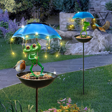1pc Estatuilla de Rana Solar con Luces LED Automáticas y Comederos para Pájaros - Decoración Metálica para Jardín, Patio o Césped con Sombrilla, Atrae Colibríes - Regalo Perfecto para Jardineros, Accesorio Caprichoso para Exteriores