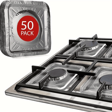 50pcs Cubiertas Desechables de Aluminio para Quemadores de Estufa de Gas, Cuadradas de 21.59cm, Resistentes al Calor - Almohadillas de Protección Gruesas para Cocina, Ideales para Uso Doméstico y Necesidades de Cocina, Protectores para la Parte Superior