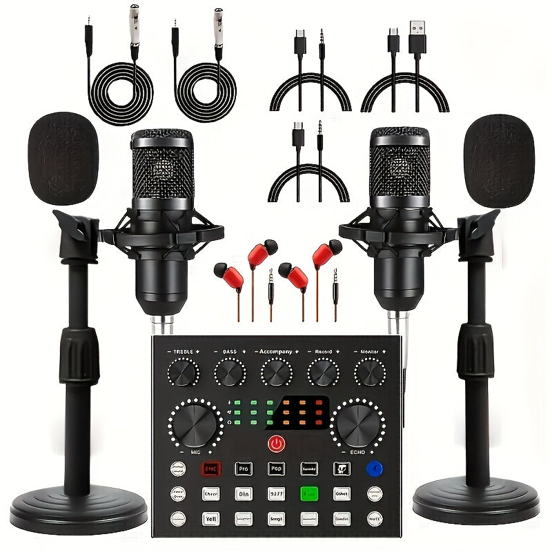 Equipo de podcast actualizado 2025 para dos, interfaz de audio V8 con tarjetas de sonido en vivo todo en uno y micrófono condensador BM800 negro/dorado, micrófono de podcast, adecuado para grabación y transmisión en vivo
