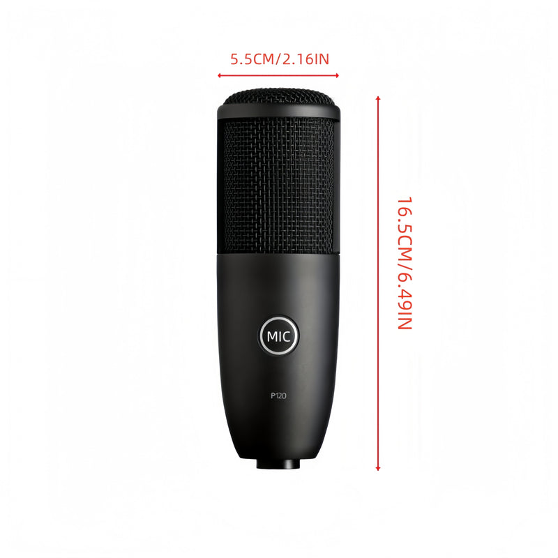 120 Micrófono de condensador profesional negro con conector XLR - Alta sensibilidad para transmisión en vivo, grabación de voz, estudio en casa y clases en línea, grabación de voz, diseño elegante, construcción duradera