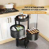 Estante de almacenamiento de cocina giratorio de 3 niveles - Organizador plegable y móvil que ahorra espacio con cajones de fresco para verduras, estante para snacks y ganchos para utensilios para cocinas modernas, estante de almacenamiento de cocina, co
