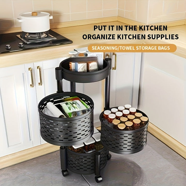 Estante de almacenamiento de cocina giratorio de 3 niveles - Organizador plegable y móvil que ahorra espacio con cajones de fresco para verduras, estante para snacks y ganchos para utensilios para cocinas modernas, estante de almacenamiento de cocina, co