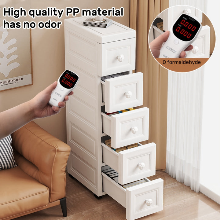 Armario de Almacenamiento Plástico de 5 Niveles y 5 Cajones con Ruedas, Ancho 15/25 cm, Diseño Ahorra Espacio para Oficina o Sala de Estar, Caja Impermeable sobre Rodillos, Fácil Uso, Armarios Portátiles