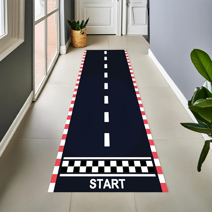 1pc Alfombra de Pista a Cuadros en Blanco y Negro, 60*250cm - Runner Deportivo de Poliéster con Diseño "START", Ideal para Fiestas Temáticas de Carreras y Decoraciones de Cumpleaños