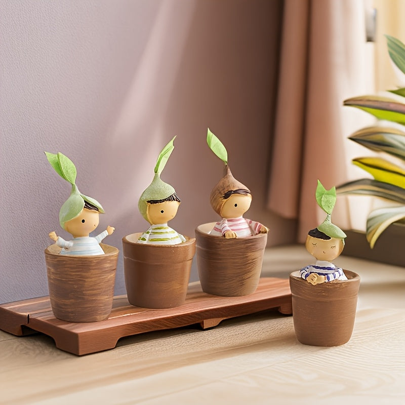 4 piezas de dibujos animados lindos de resina sentados en macetas de flores - Serie de bosque rústico, figuras decorativas para sala de estar, dormitorio, escritorio de oficina - Regalos pequeños ideales