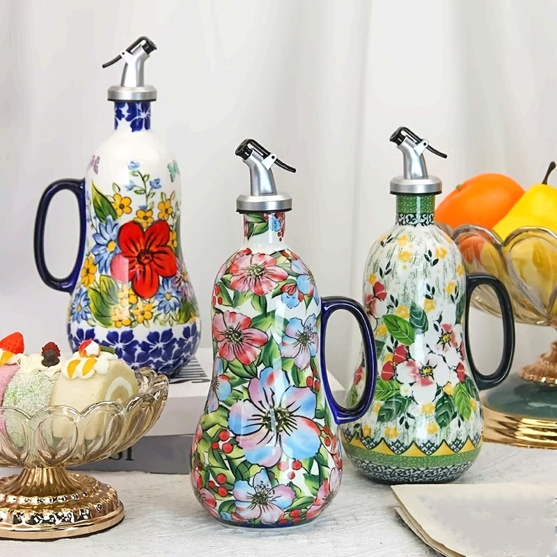 1pc Olla de cerámica para aceite, bomba de aceite de oliva de cerámica pintada a mano y asa, botella de aceite de cocina, elegante diseño floral, gran capacidad, accesorios de cocina, decoración de cocina para el hogar.