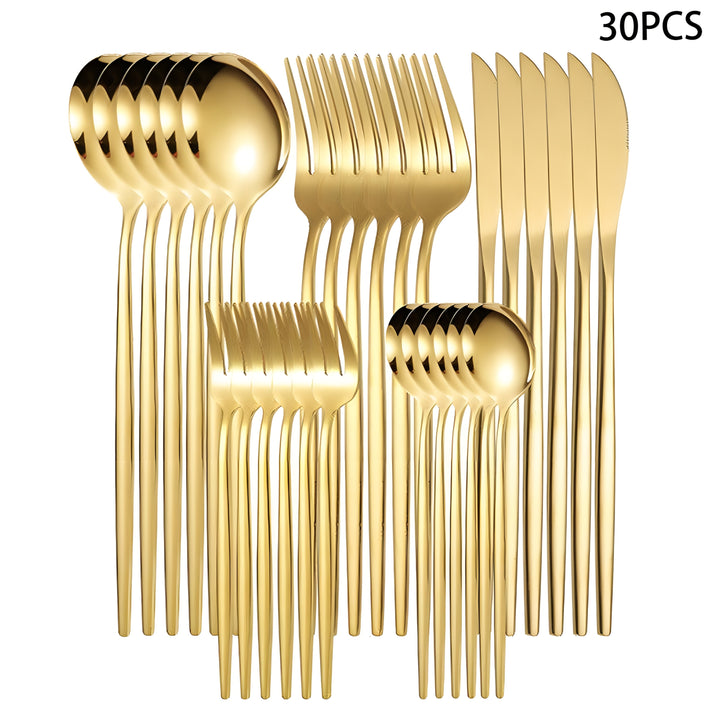 Juego de cubiertos de acero inoxidable de 30 piezas, incluyendo cuchillo de bistec, tenedores, cucharas y cucharadita, tenedores de cena, cucharas de cena, tenedores de frutas, cucharita pequeña para postre, cucharita de café, apto para lavavajillas, pul