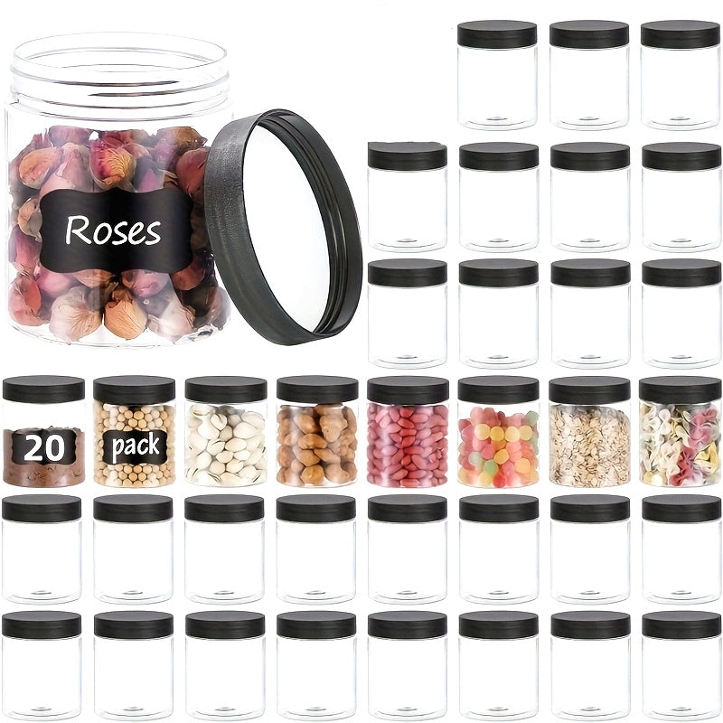 YUHUPHYLLIC 20 piezas de 8 onzas de frascos de plástico transparentes con tapas negras - Sellado hermético para alimentos, loción, especias y miel - Contenedores redondos reutilizables y multiusos para la organización de la cocina