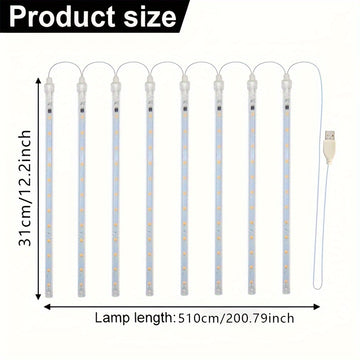 Cadena de Luces de Lluvia de Meteoros con Alimentación USB AMill - 8 Tubos, Plástico, 36V y Menos, Incluye Bombillas, Perfecta para Navidad, Halloween, Bodas, Cumpleaños, Decoraciones Festivas al Aire Libre, Ideal para Patios, Jardines, Calles, No Requie