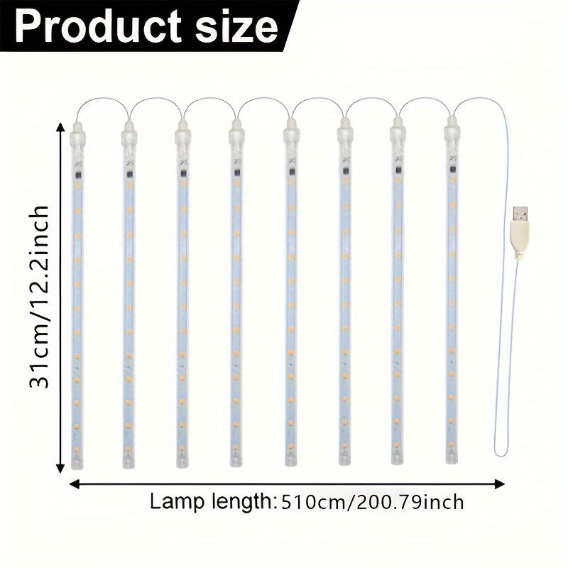 Cadena de Luces de Lluvia de Meteoros con Alimentación USB AMill - 8 Tubos, Plástico, 36V y Menos, Incluye Bombillas, Perfecta para Navidad, Halloween, Bodas, Cumpleaños, Decoraciones Festivas al Aire Libre, Ideal para Patios, Jardines, Calles, No Requie