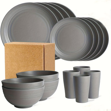 Juego de vajilla familiar premium para exteriores - 16 piezas irrompibles, aptas para microondas y lavavajillas, set negro con 8 platos, 4 tazones y 4 tazas