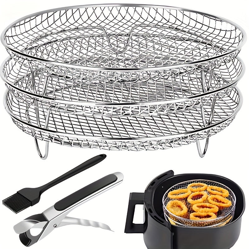 1 Conjunto De Accesorios Para Freidora De Aire, Rejilla Circular De Tres Capas, Rejilla De Vapor, Rejilla Apilable De Acero Inoxidable, Rejilla De Deshidratación, Cesta De Barbacoa, Rejilla De Barbacoa, Cesta De Drenaje, Rejilla De Filtro, Cesta De Freír
