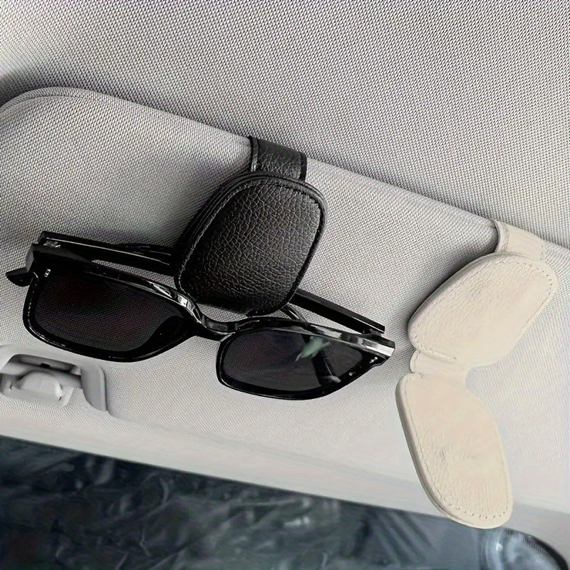 Soporte para gafas de visera de coche, gancho para gafas de cuero sintético, clip para tarjeta de boleto, ajuste firme automático, instalación fácil, accesorio de interior de coche elegante, regalo ideal para vacaciones.
