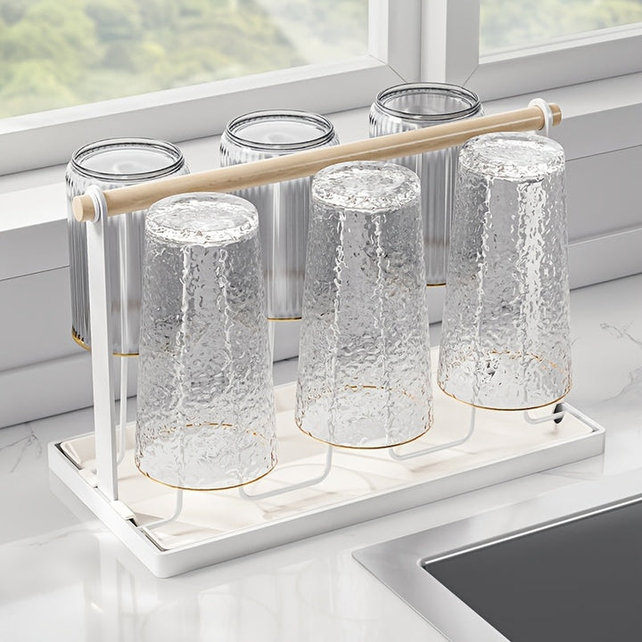 Estante de secado de tazas con mango de madera, soporte de tazas de metal con 6 bandejas de drenaje desmontables, diseño de hierro duradero, recubrimiento anticorrosivo, estante de secado de platos para encimera de cocina.